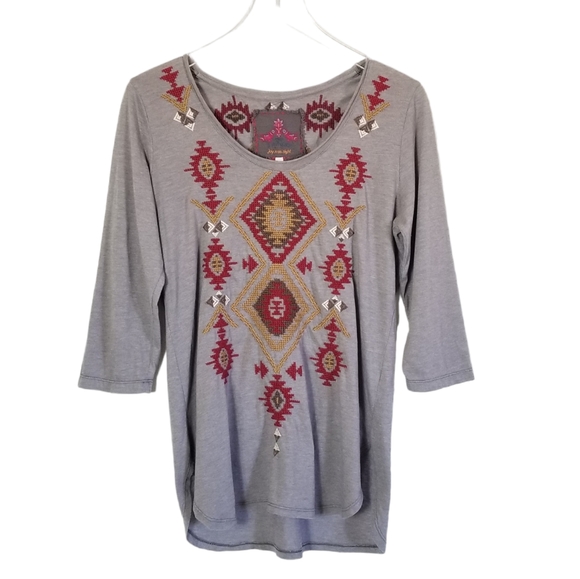JOHNNY WAS Embroidered Top Size M Gray Southwest Diamond Boho Casual - Picture 1 of 10